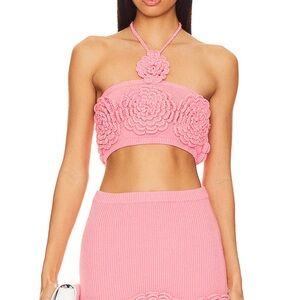 Lovers + Friends Pink crochet Mini Skirt and Top Set